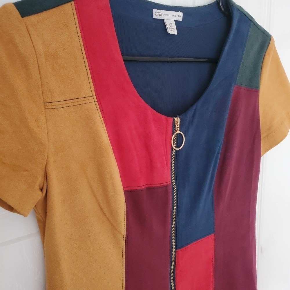 Retro Multicolor Patchwork Faux Suede Zip Front Mini Festival Theme XS